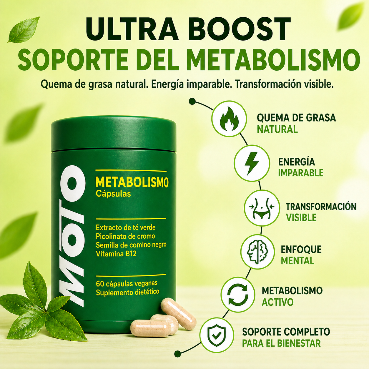 Cápsulas Ultra Boost Metabolismo: quema de grasa natural, energía imparable y transformación visible
