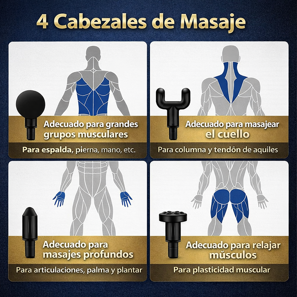 Pistola de Masaje 4 en 1 Pro Relief — Alivio Profundo, Recuperación Total en Casa