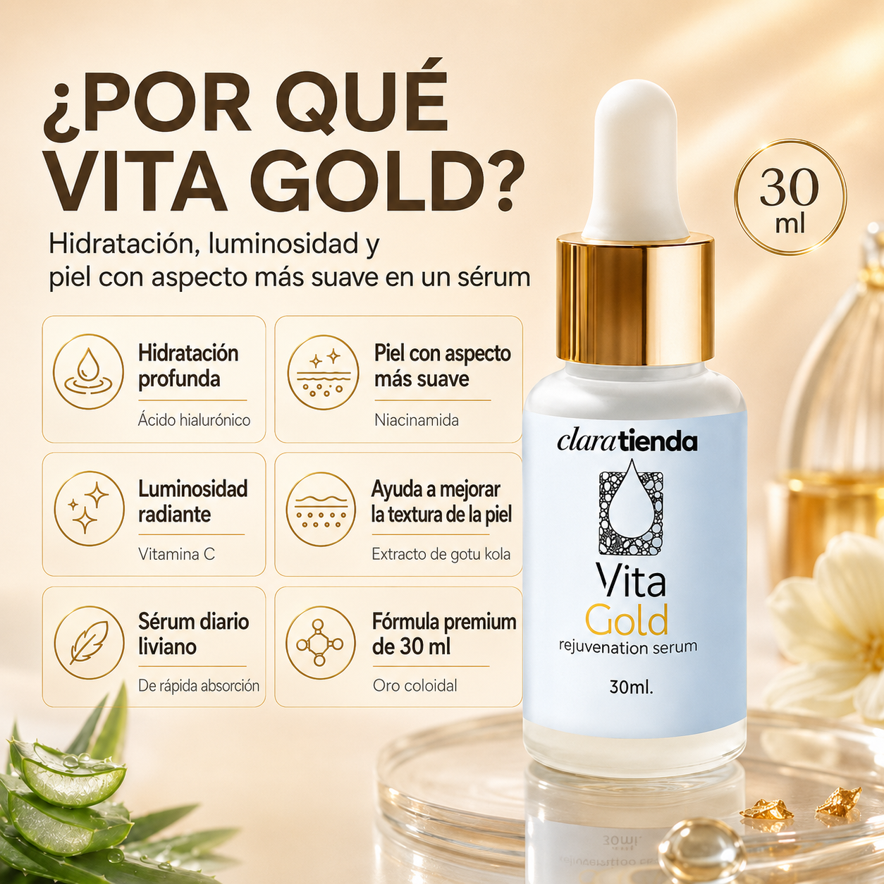 Vita Gold Sérum Rejuvenecedor Facial - Luminosidad, hidratación y suavidad en cada gota.