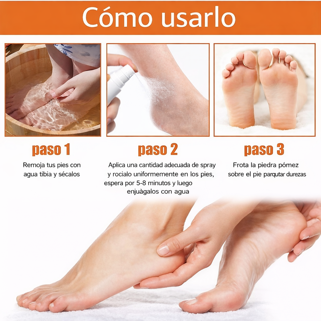 Spray Removedor de Callosidades para Pies - Elimina la aspereza, exfolia la piel seca e hidrata los pies.