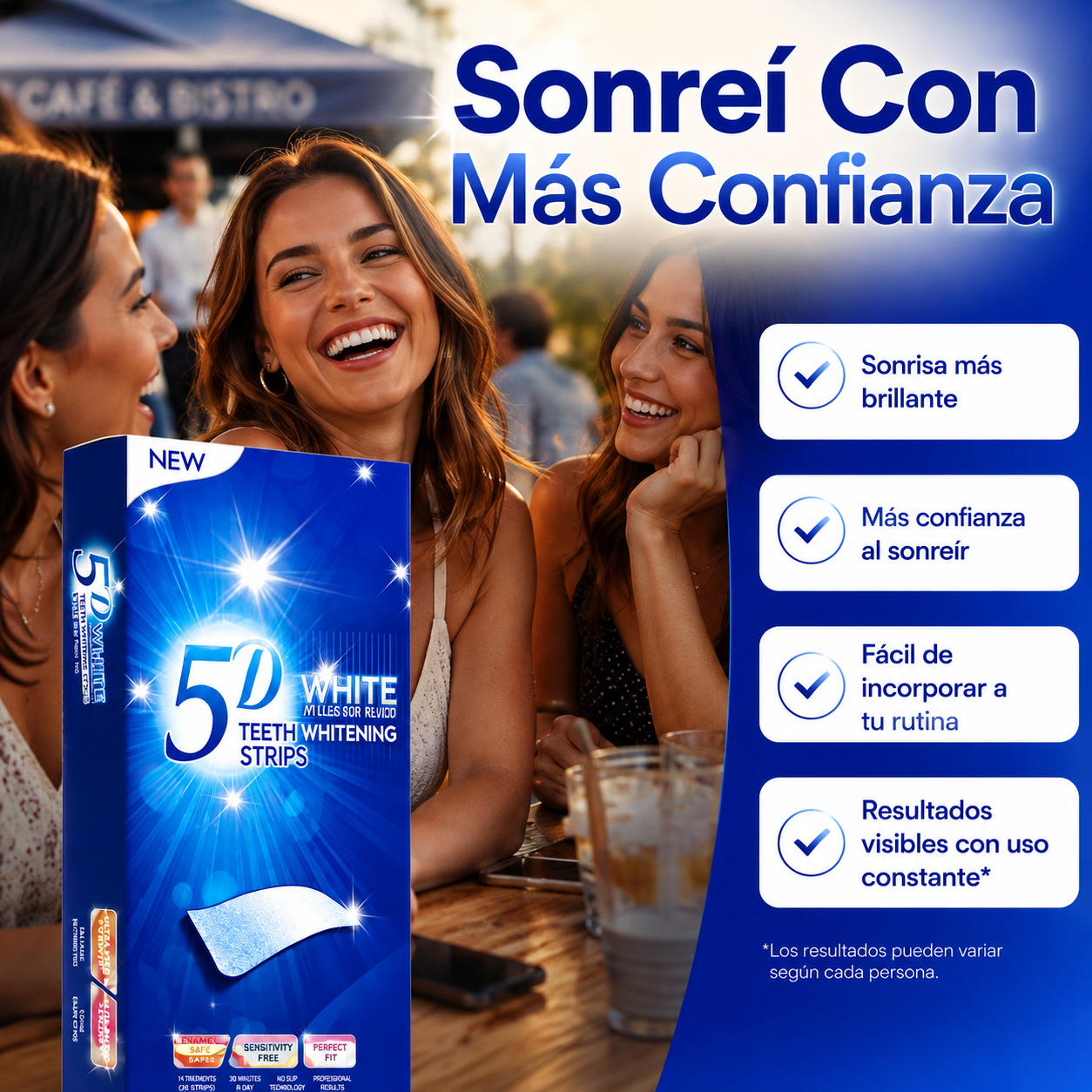 5D White Pro™ Whitening Strips - Mostrá una sonrisa más blanca. Ganá confianza cada día.