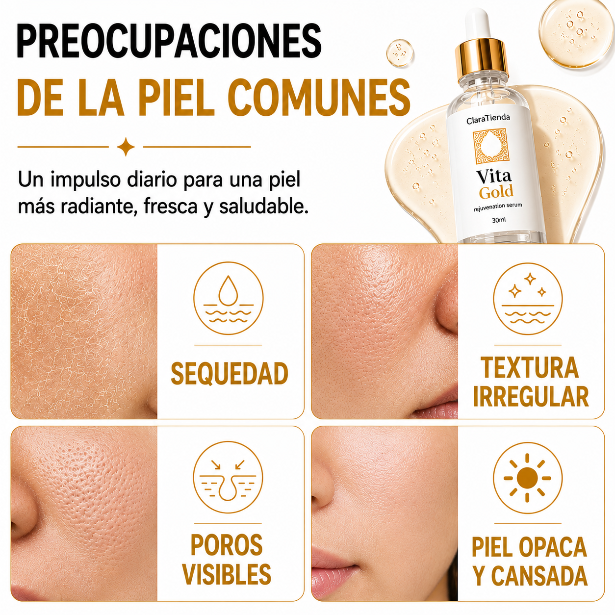Vita Gold - Sérum Rejuvenecedor - Tu Secreto Diario para una Piel Radiante, Suave y con un Aspecto Más Joven
