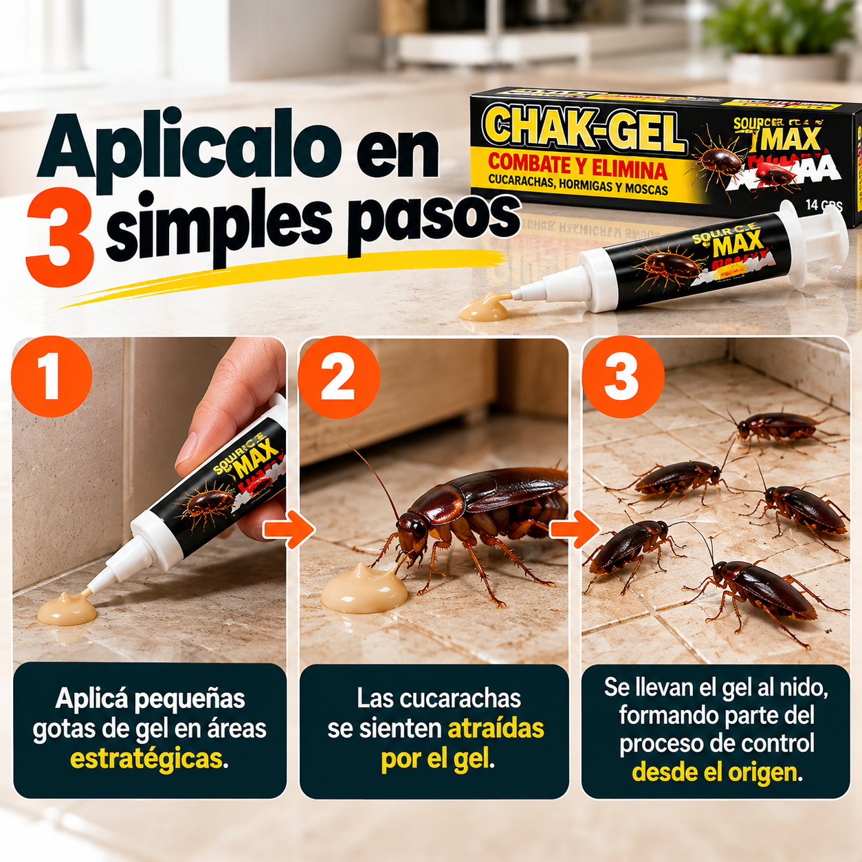 CHAK-GEL – Gel Cebo para Control de Cucarachas, Hormigas y Moscas