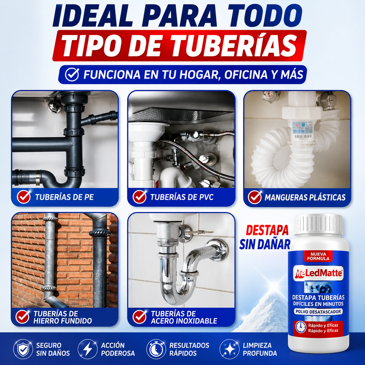 MeLedMatte Polvo Desatascador — Destapa Tuberías Difíciles en Minutos
