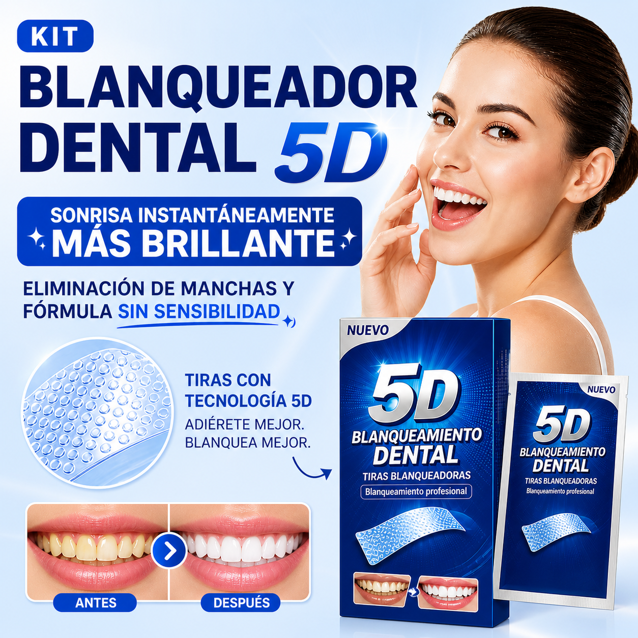 Kit Blanqueador Dental 5D – Sonrisa Instantáneamente Más Brillante, Eliminación de Manchas y Fórmula Sin Sensibilidad