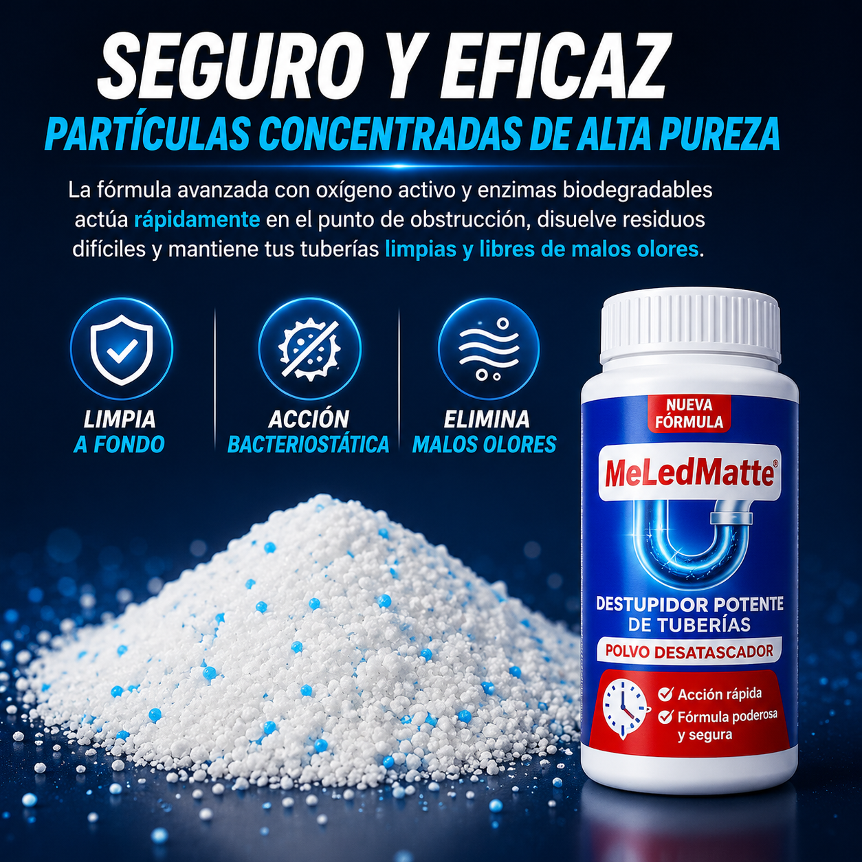 MeLedMatte Polvo Desatascador — Destapa Tuberías Difíciles en Minutos