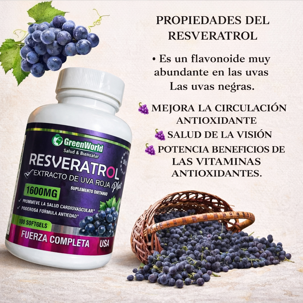 Resveratrol Plus 1600mg - Antioxidante Natural para Rejuvenecer Células y Proteger el Corazón