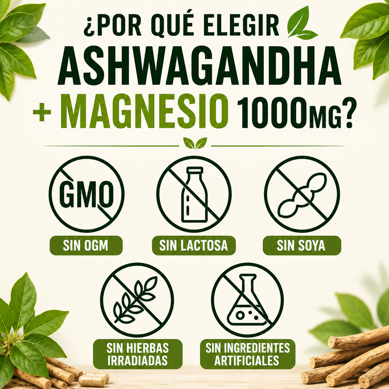 Ashwagandha + Magnesio 1000 mg – Reduce el estrés, mejora la concentración