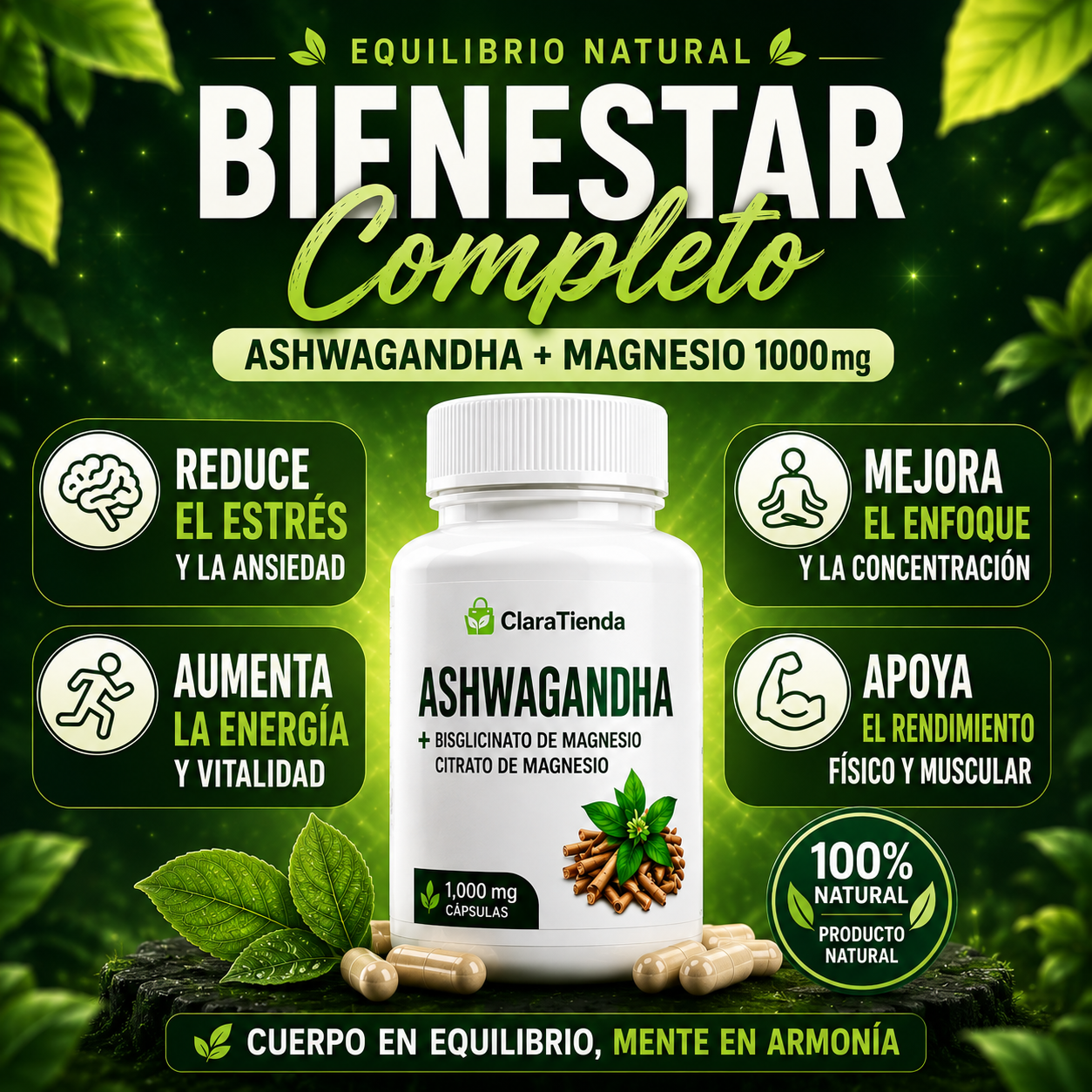 Ashwagandha + Magnesio 1000 mg – Reduce el estrés, mejora la concentración