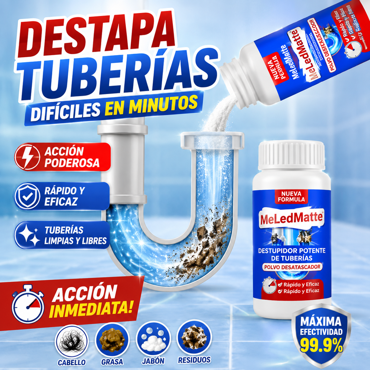 MeLedMatte Polvo Desatascador — Destapa Tuberías Difíciles en Minutos