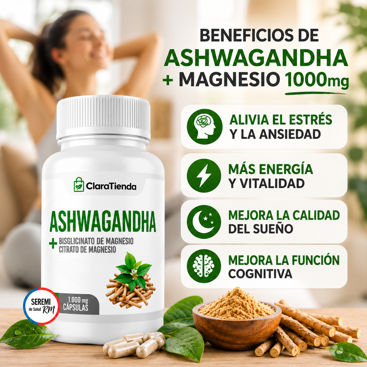 Ashwagandha + Magnesio 1000 mg – Reduce el estrés, mejora la concentración