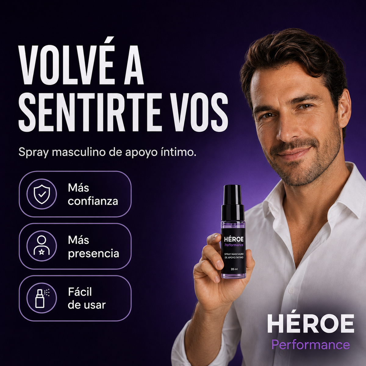 HÉROE Performance – Spray Masculino de Apoyo Íntimo