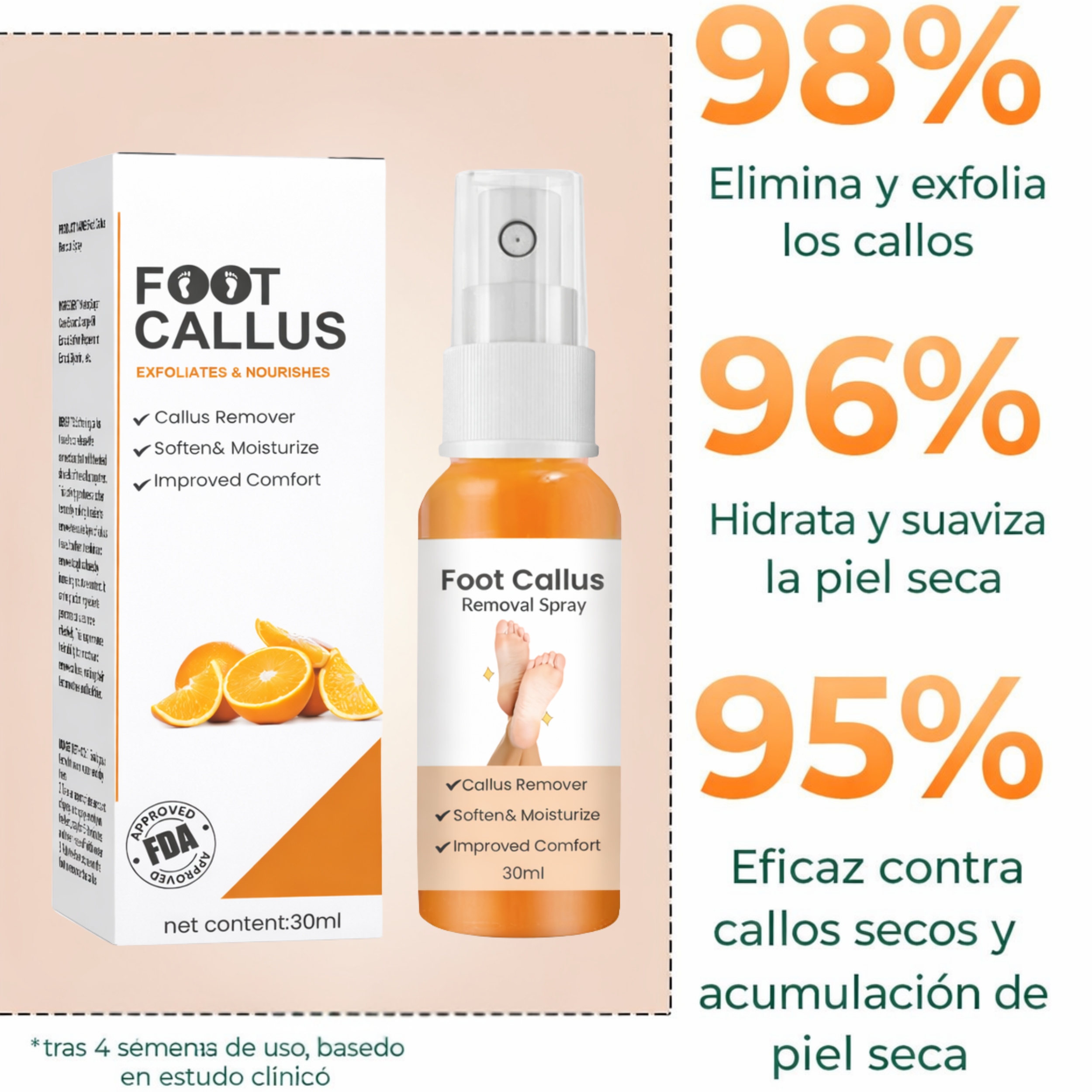 Spray Removedor de Callosidades para Pies - Elimina la aspereza, exfolia la piel seca e hidrata los pies.