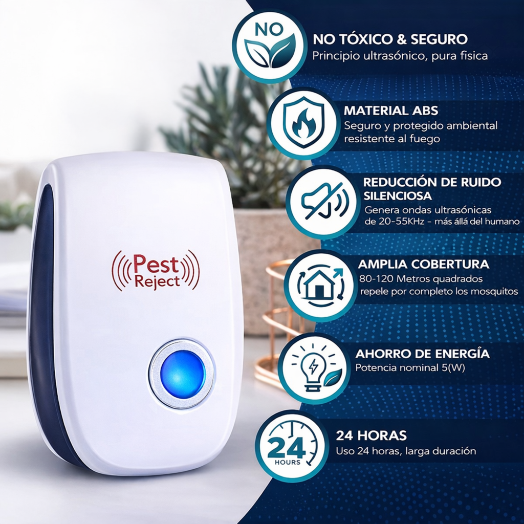 Repelente Ultrasónico Pest Reject 200m² – Seguro para Mascotas y Niños