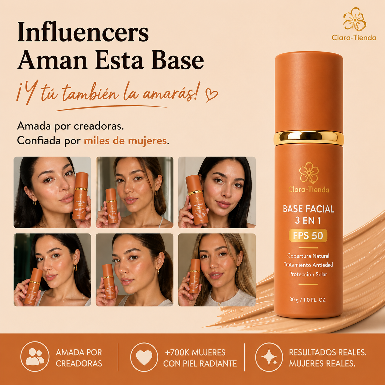 Base Facial 3 en 1 FPS 50 – Maquillaje, Tratamiento y Protección Solar