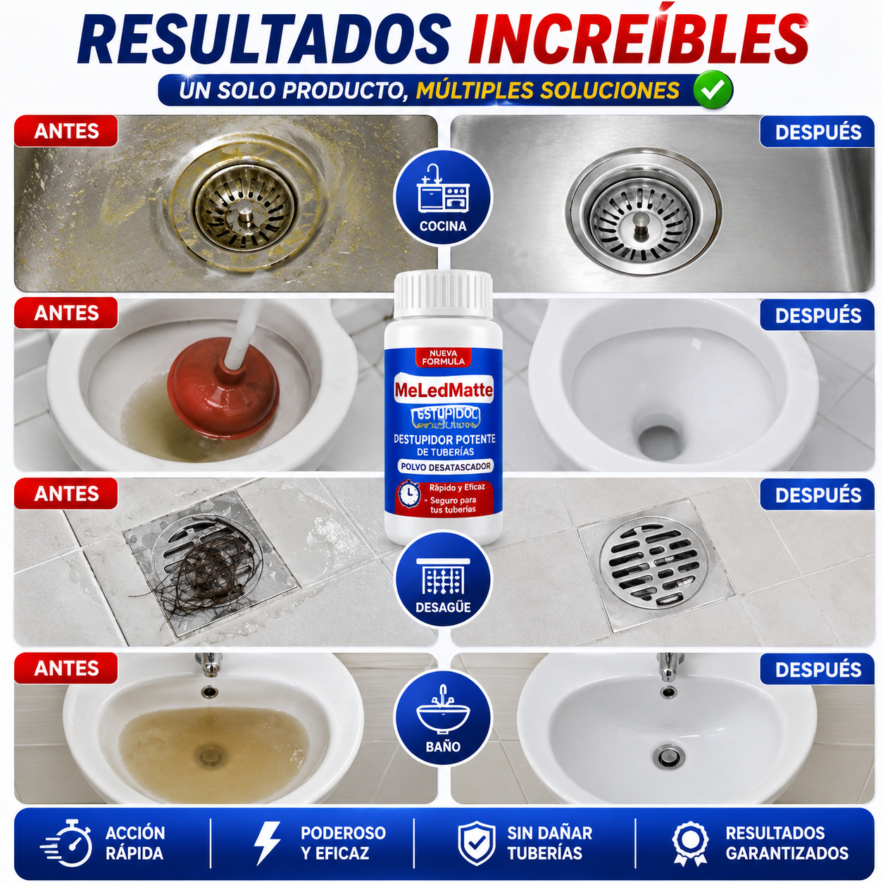 MeLedMatte Polvo Desatascador — Destapa Tuberías Difíciles en Minutos