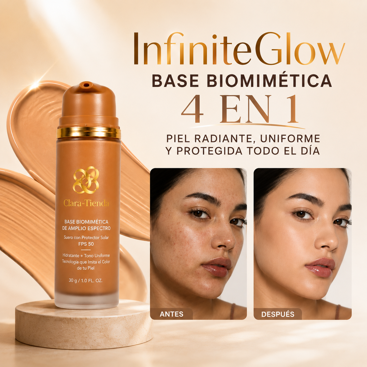 InfiniteGlow Base Biomimética 4 en 1 – Piel Radiante, Uniforme y Protegida Todo el Día