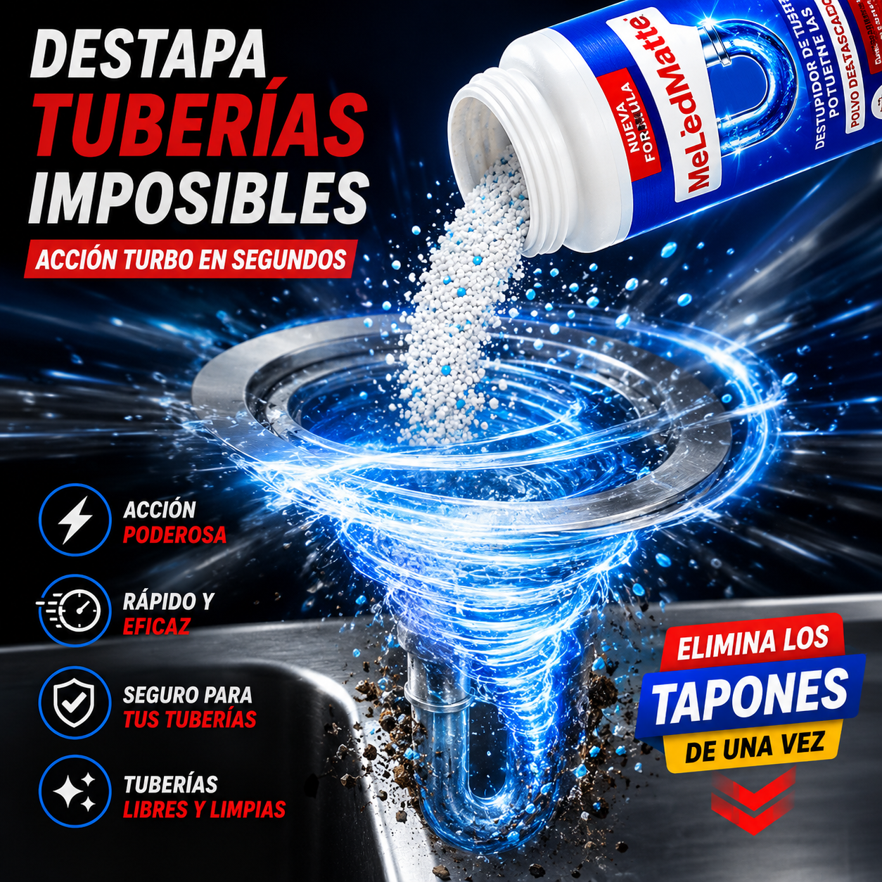 MeLedMatte Polvo Desatascador — Destapa Tuberías Difíciles en Minutos