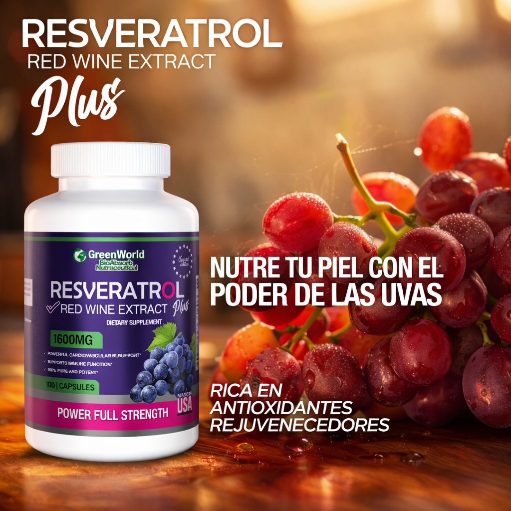 Resveratrol Plus 1600mg - Antioxidante Natural para Rejuvenecer Células y Proteger el Corazón