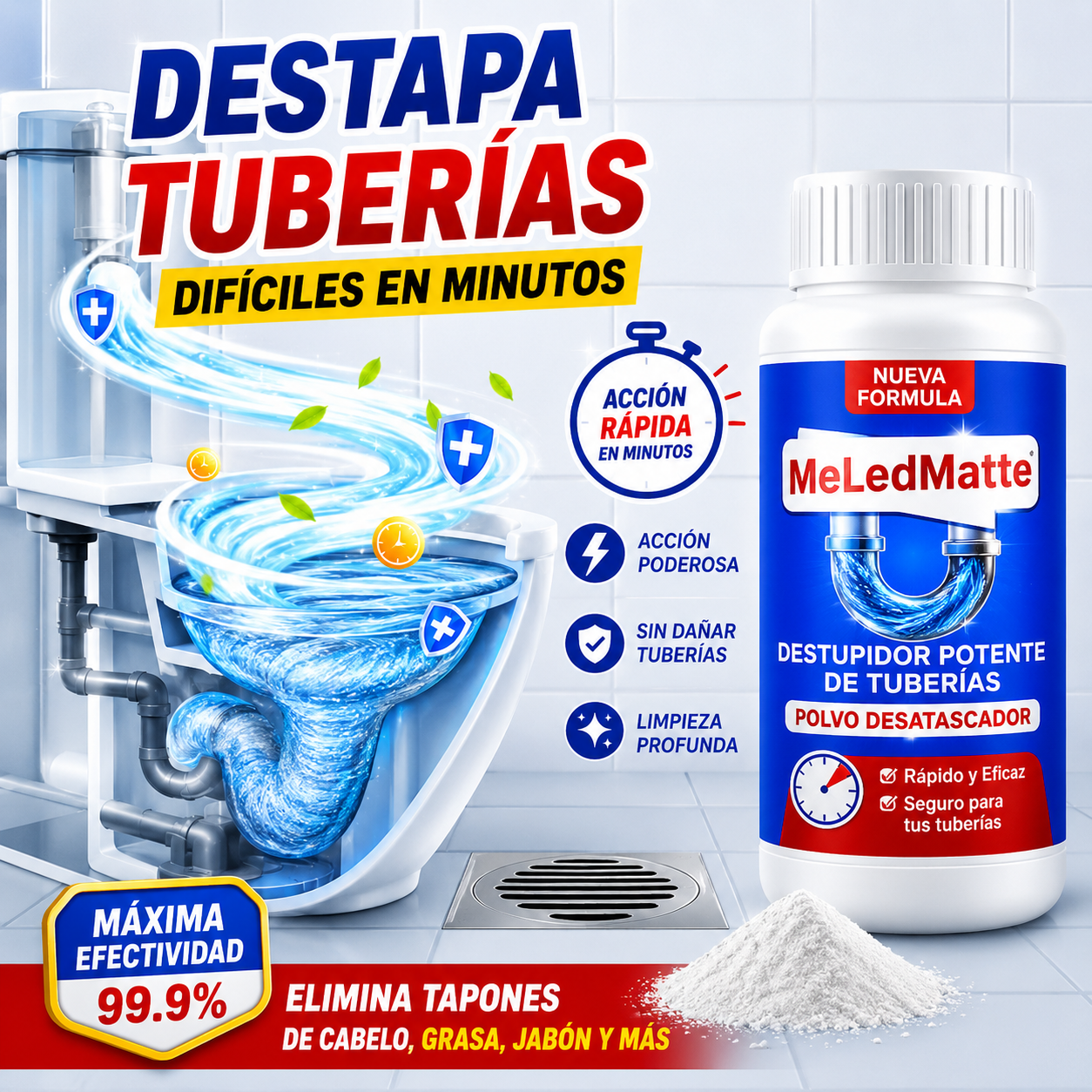 MeLedMatte Polvo Desatascador — Destapa Tuberías Difíciles en Minutos