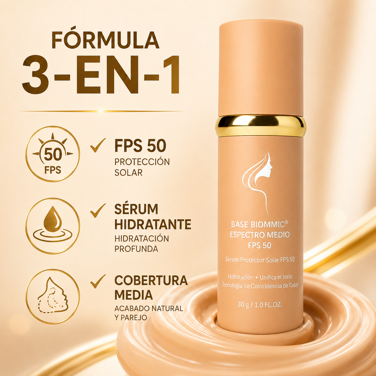 BIOMMIC® Foundation Medium Spectrum SPF 50 - Piel impecable, hidratación y SPF 50 en un solo paso.