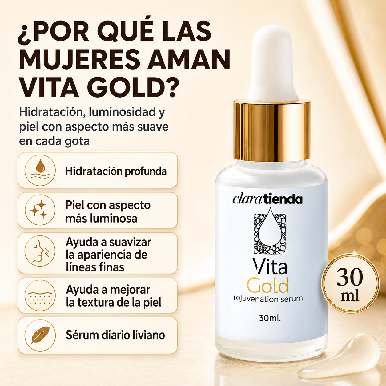 Vita Gold Sérum Rejuvenecedor Facial - Luminosidad, hidratación y suavidad en cada gota.